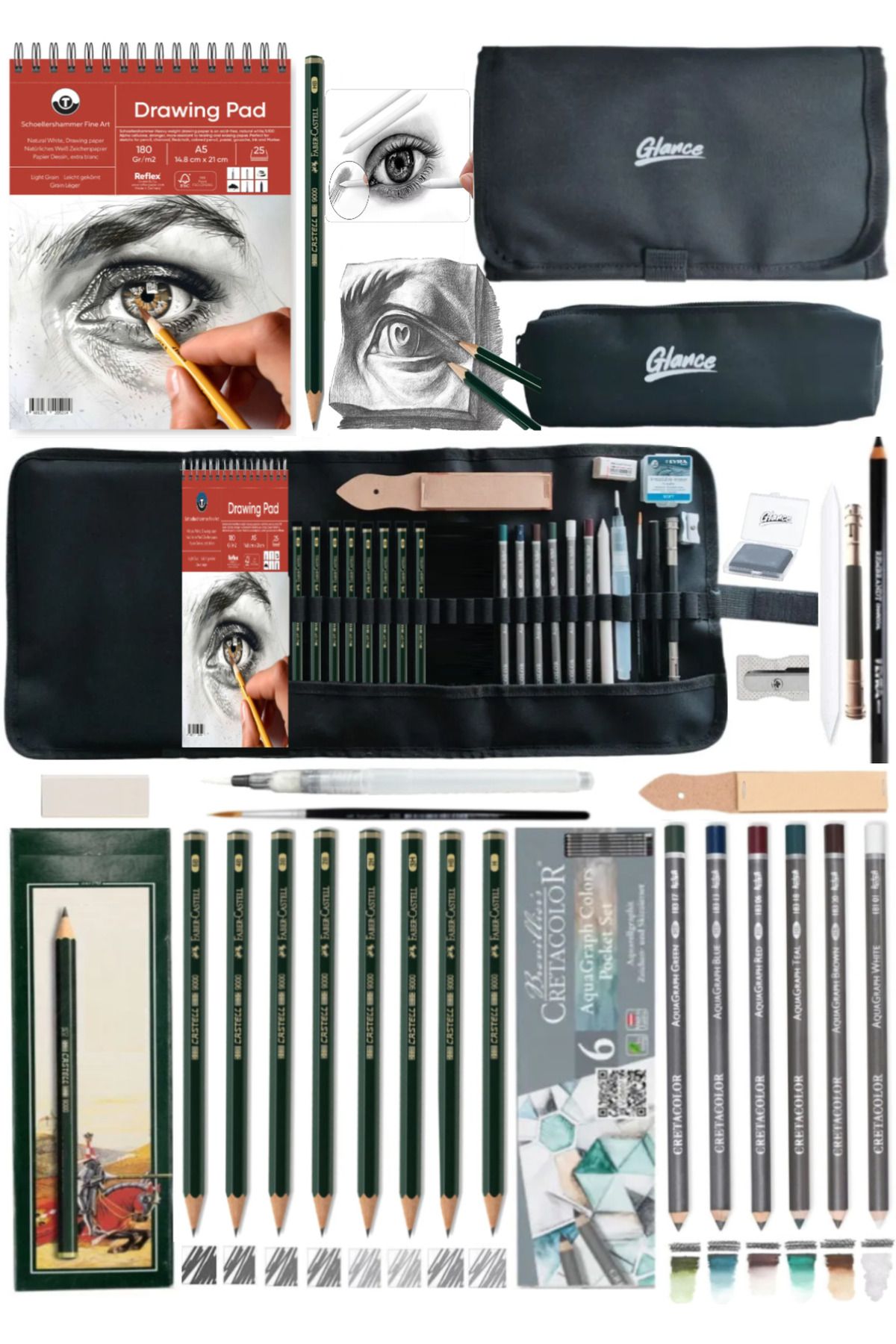 GLANCE Schoellershammer Drawing 180 gr A5 20 Yp Dereceli Kurşun Kalem Cretacolor 6'lı Aquarell Kalemlik Set