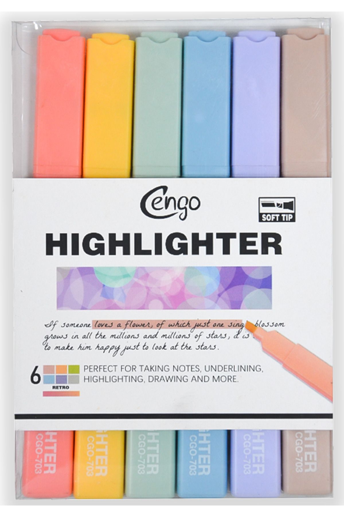 Cengo Kare Tipi Highlighter Fosforlu Kalem Retro Renkler 6lı Set CGO703