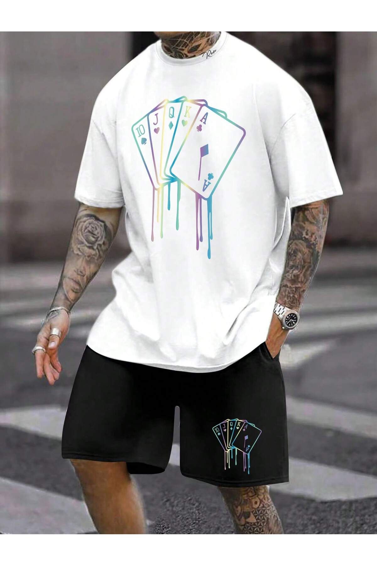 LOU MODA -ERKEK PAMUKLU BASKILI Chinagr 23 TSHIRT-ŞORT TAKIMI 2Lİ OVERSİZE BÜYÜK BEDEN