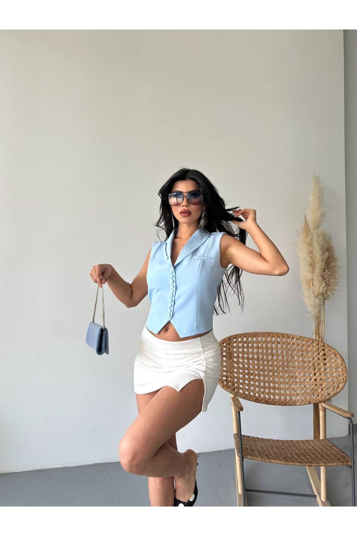 Kadın Blazer Yelek Ceket Bebek Mavisi Düğme Detaylı