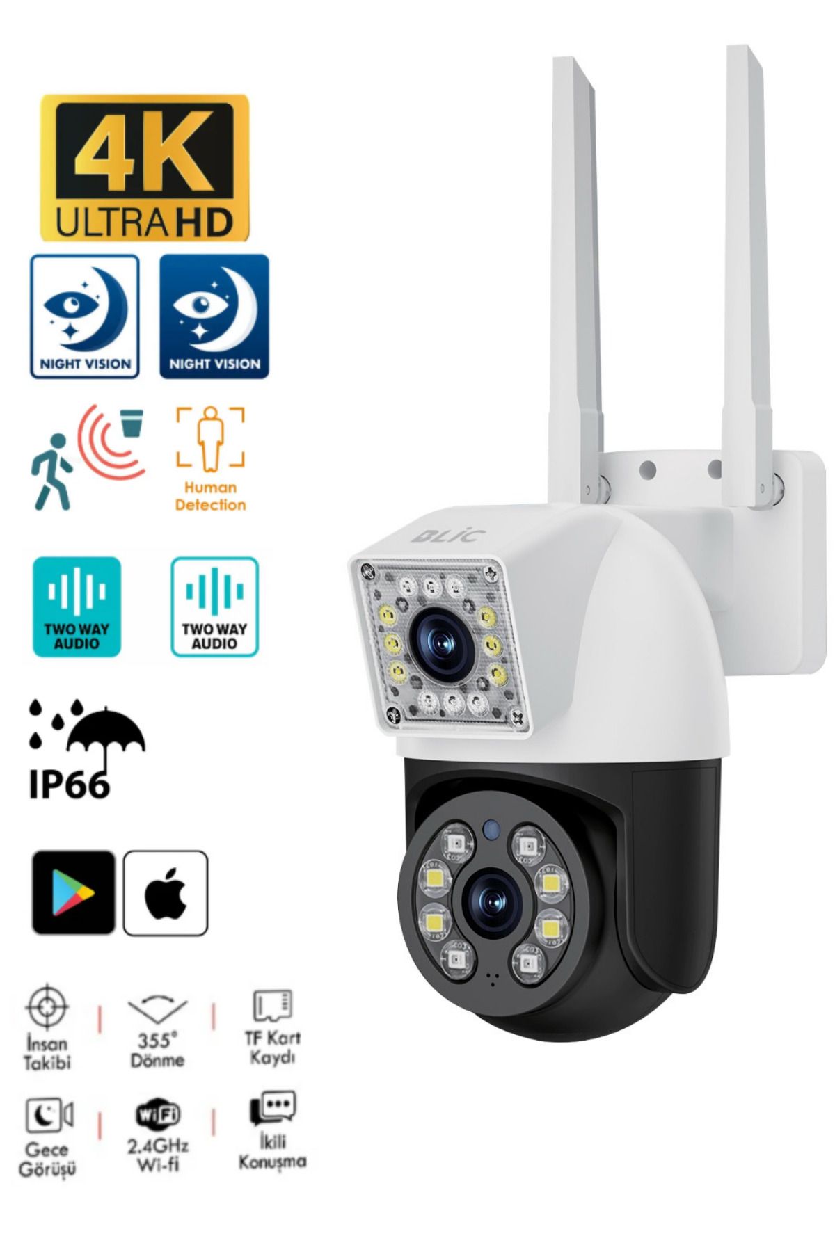 Sarftech 4MP İç ve Dış Mekan Uyumlu IP Kamera IP66 Sertifikalı Hareket Takip Dual Lens Güvenlik Kamerası