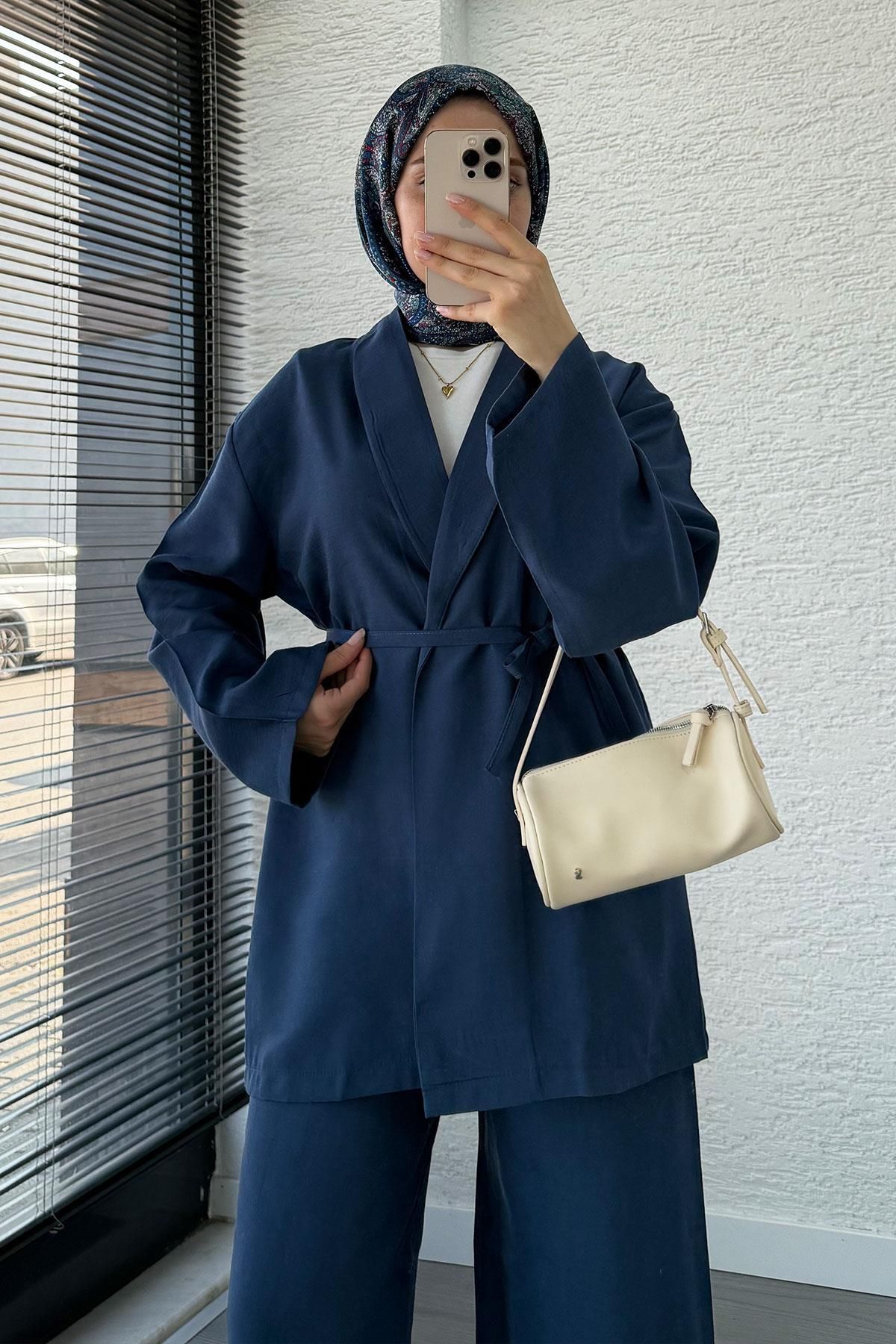 MELEK ARAZ Efil Bağlamalı Kimono Takım – Lacivert