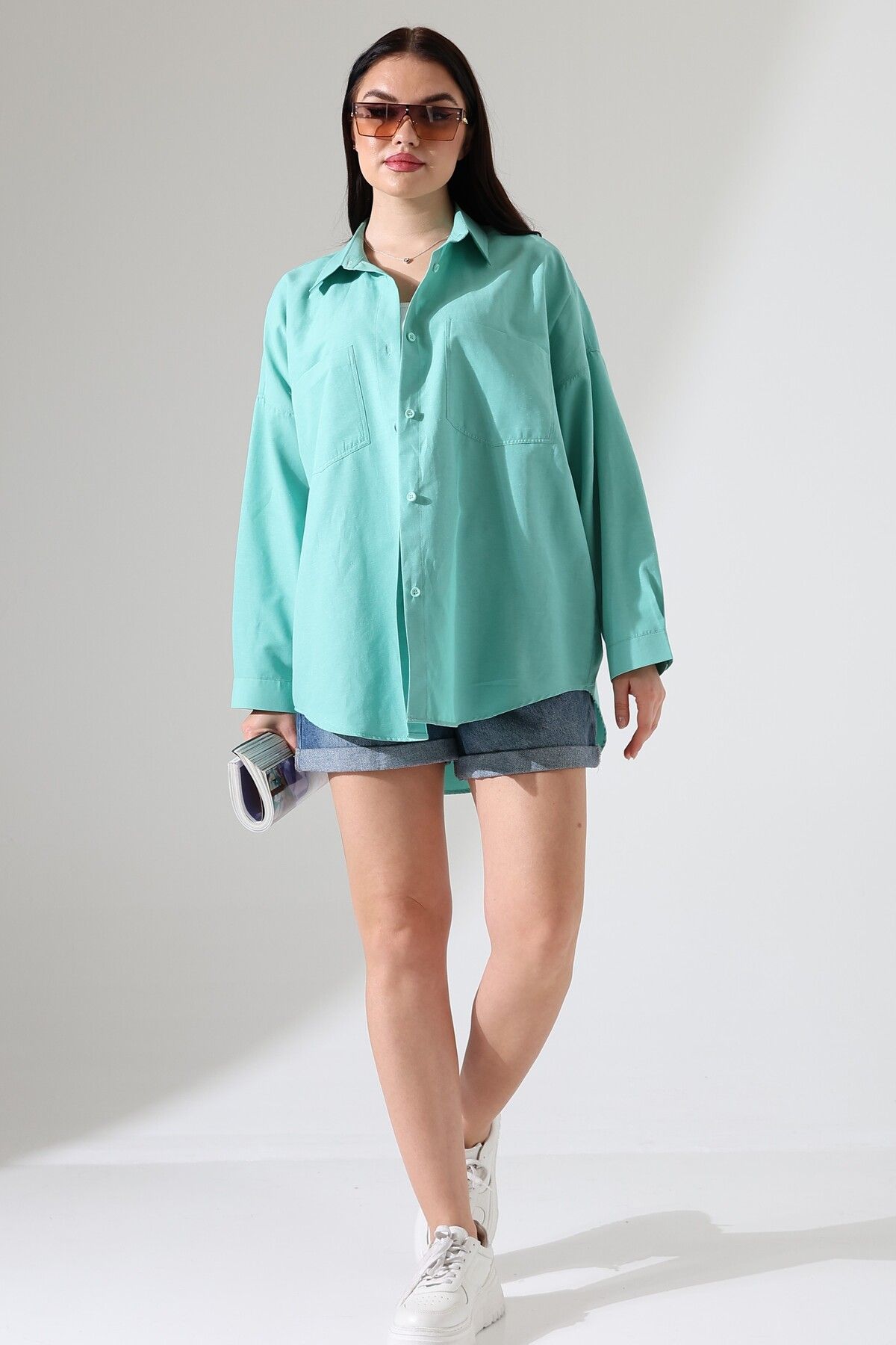 GÖMLEKÇİNİZ Oversize Poplin Kumaş Çift Cepli Kadın Tunik Gömlek