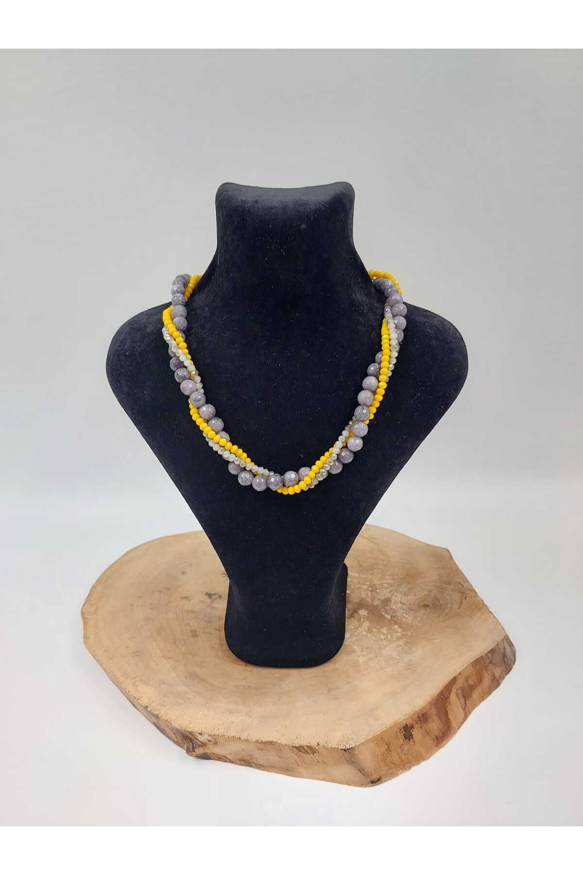R G Handmade Design Pozitif Enerji Jasper ve Kristal Taşlı El Yapımı Kolye – Sarı & Gri