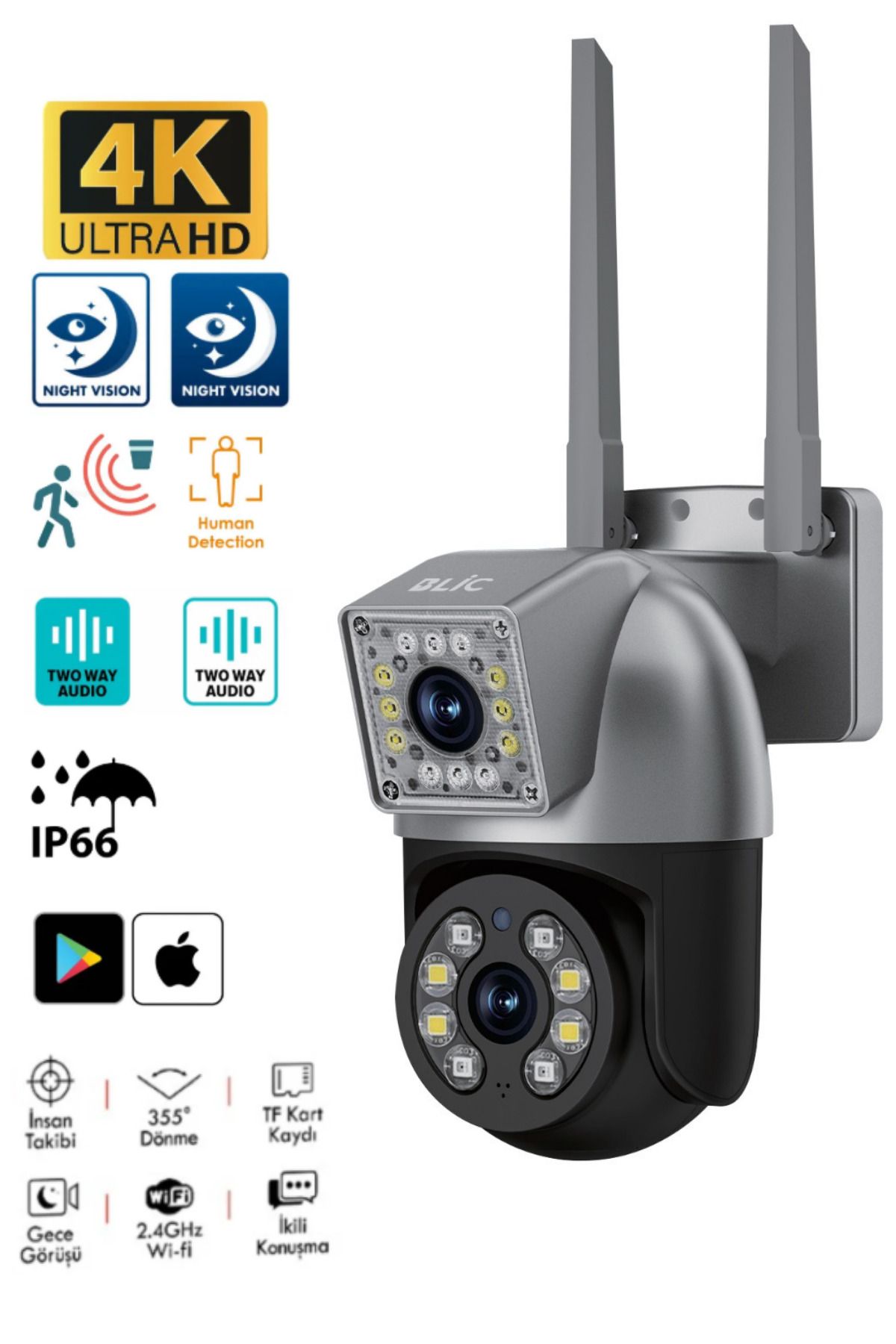Sarftech 4MP İç ve Dış Mekan Uyumlu IP Kamera IP66 Sertifikalı Hareket Takip Dual Lens Güvenlik Kamerası