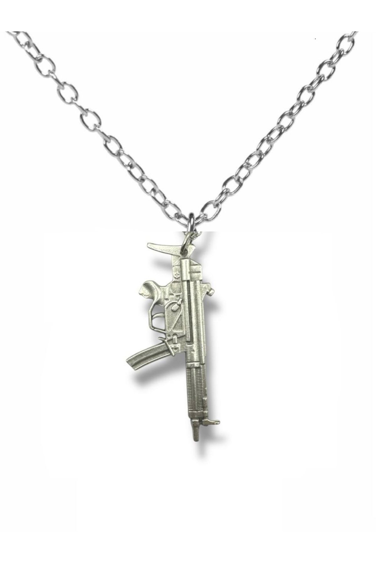 Herşey Nota Kalaşnikov AK-47 Figürlü Gümüş Renk Unisex Metal Kolye – Gücün ve Savaşçı Ruhun Temsili