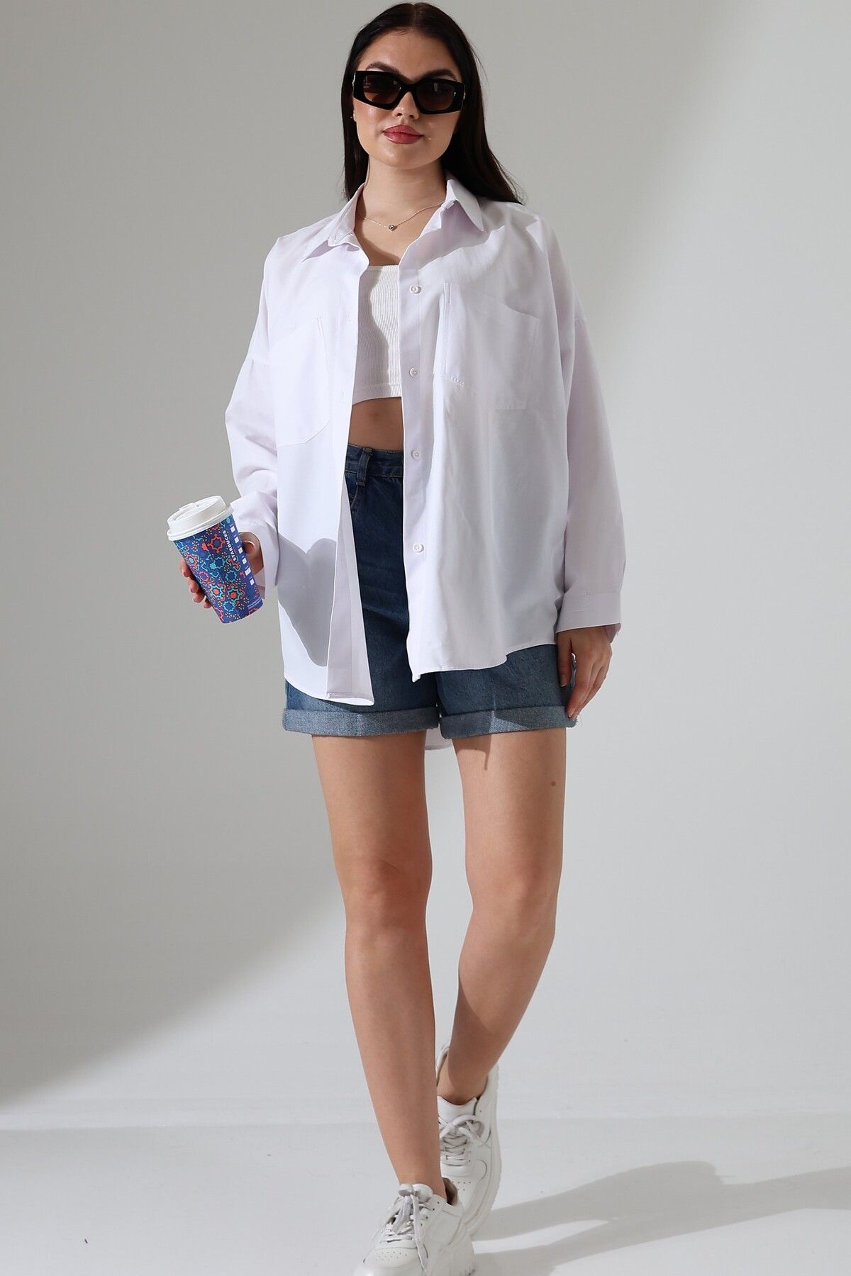 GÖMLEKÇİNİZ Oversize Poplin Kumaş Çift Cepli Kadın Tunik Gömlek