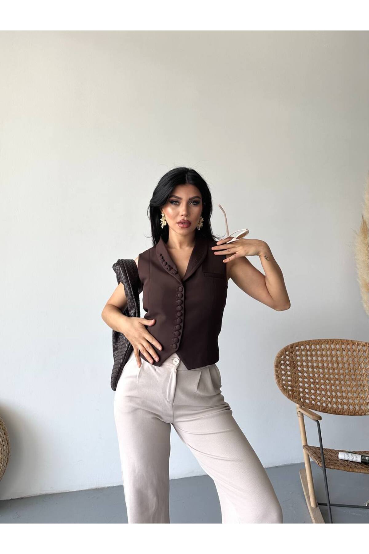 Kadın Blazer Yelek Ceket Kahverengi Düğme Detaylı