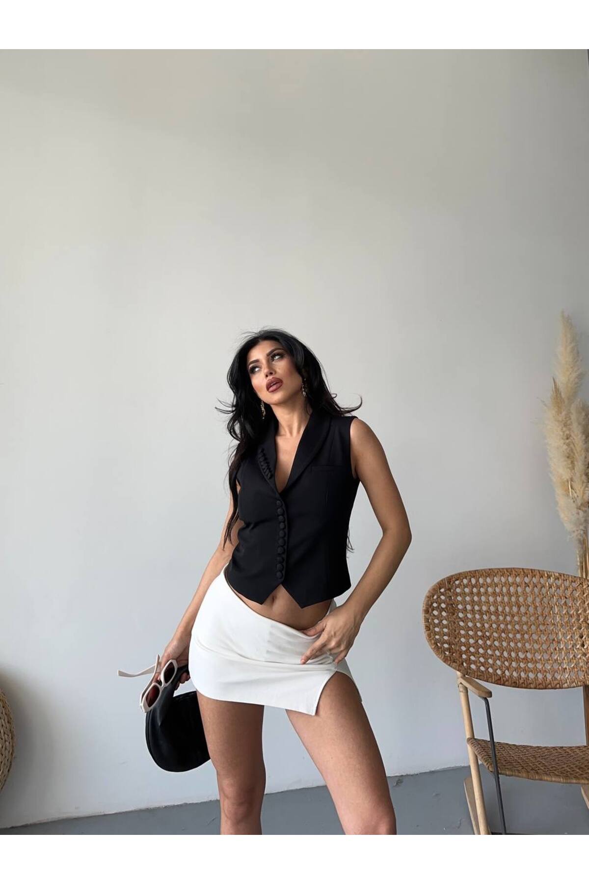 Siyah Düğme Detaylı Blazer Yelek Ceket Kadın