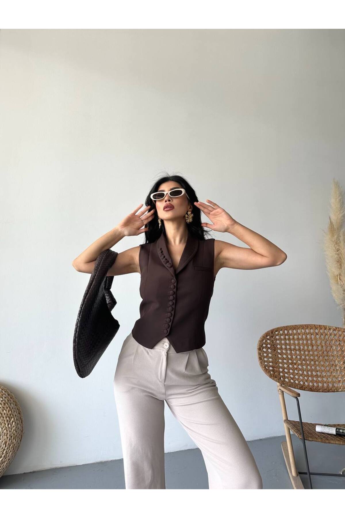 Kadın Blazer Yelek Ceket Kahverengi Düğme Detaylı