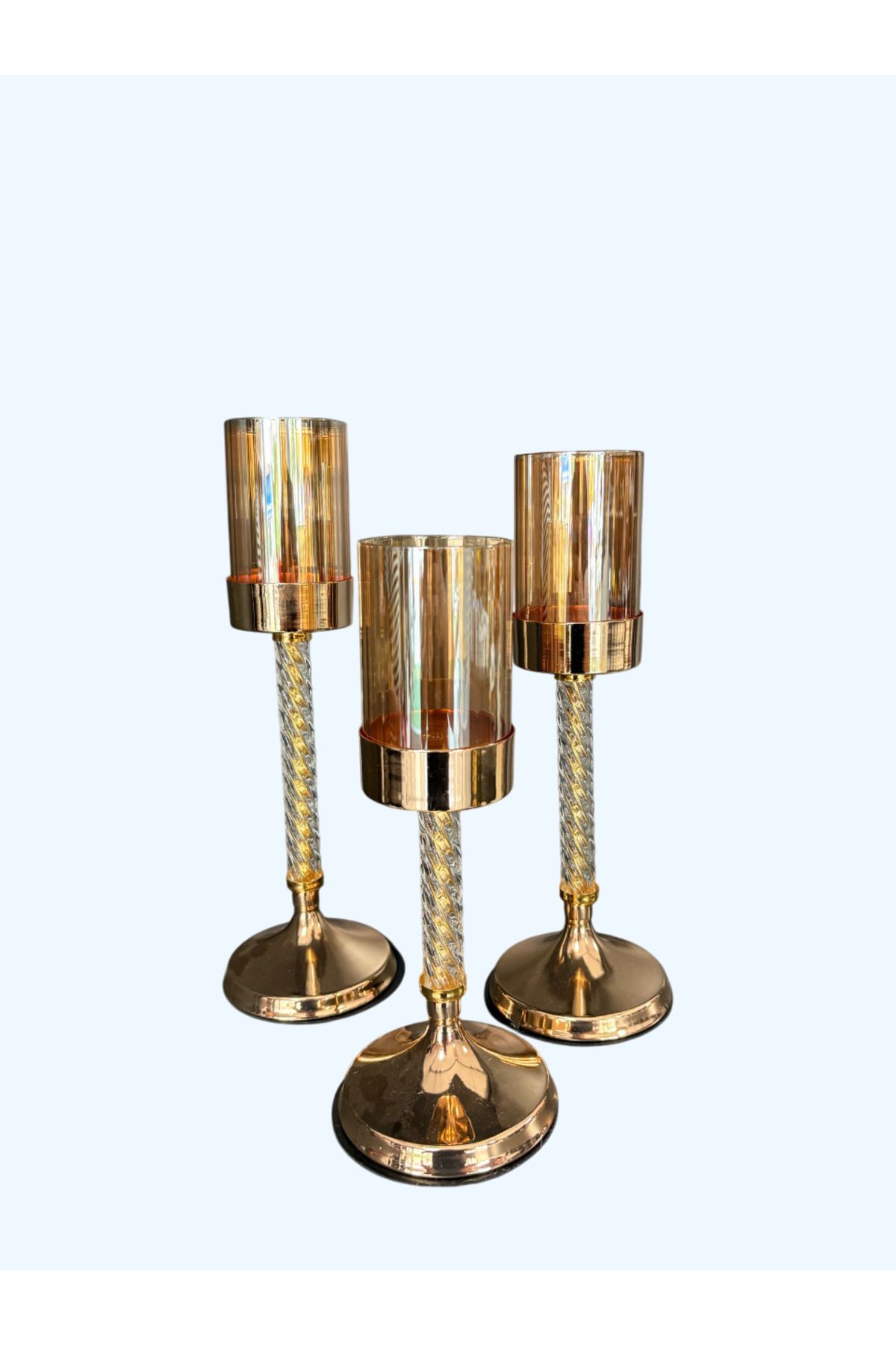 Home 3’lü Gold & Gümüş Dekoratif Şamdan Takımı | Metal Cam Detaylı Modern Mumluk | Ev Dekoru &Hediyelik