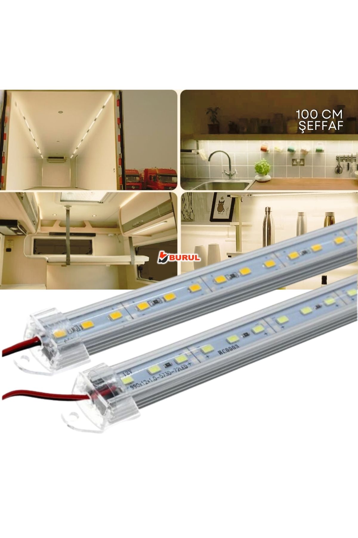burul SB-6551 2 Adet Alüminyum Kasalı 5630 Bar Led 12 Volt Gün ışığı 100 Cm Şeffaf Karavan Tekne Otomobil