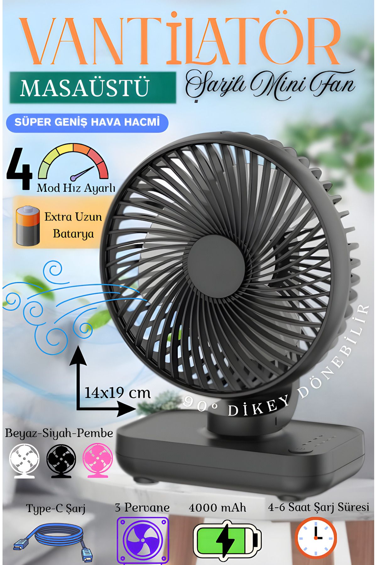nextbuy Mini Soğutucu Vantilatör Type-C Şarjlı Masa Üstü Fan Taşınabilir 4 Mod Hız Ayarlı Pervane