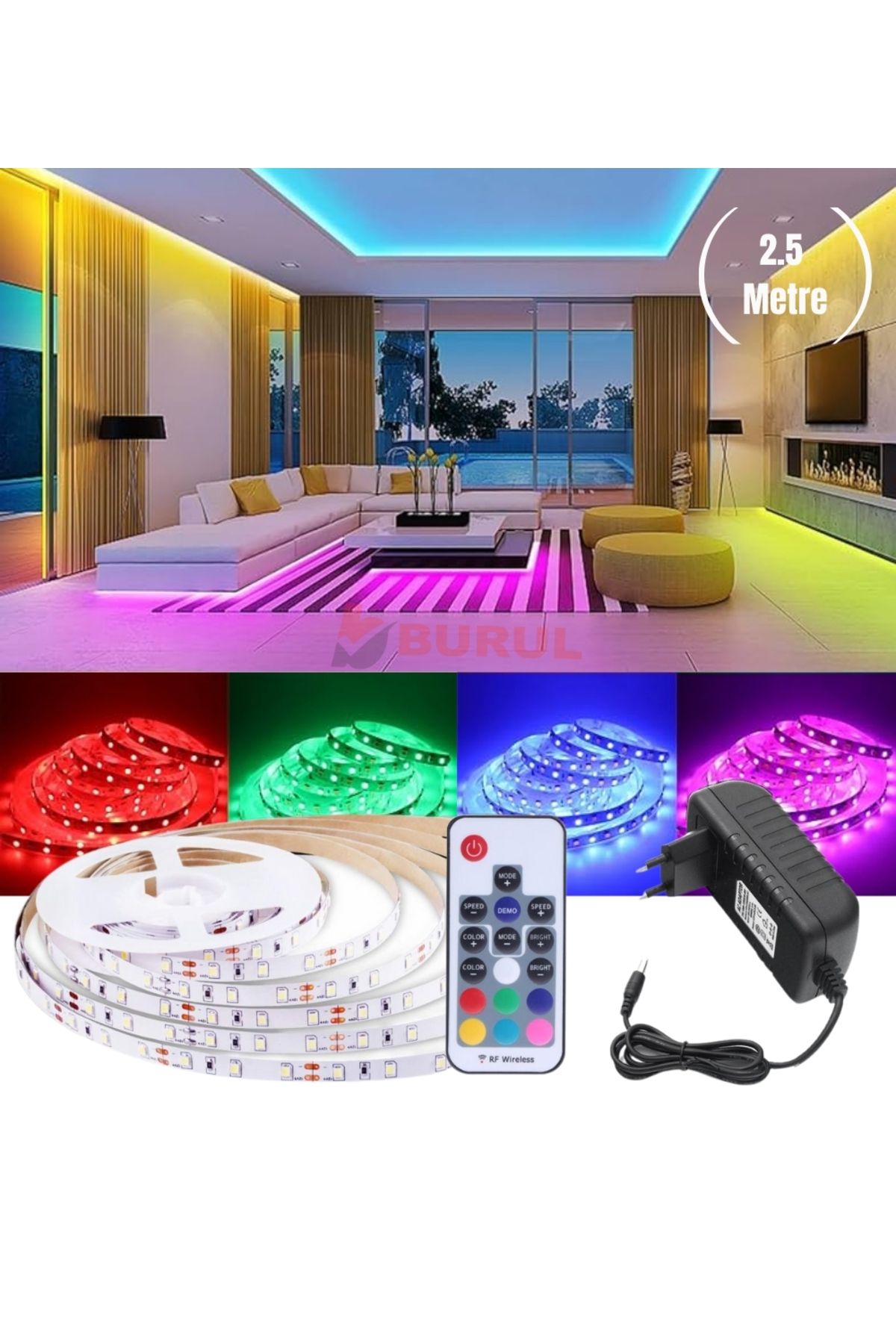 burul SB-6545 2.5 Metre 20 Renk RF Kumandalı Renk Değiştiren RGB Şerit Led Işık Seti