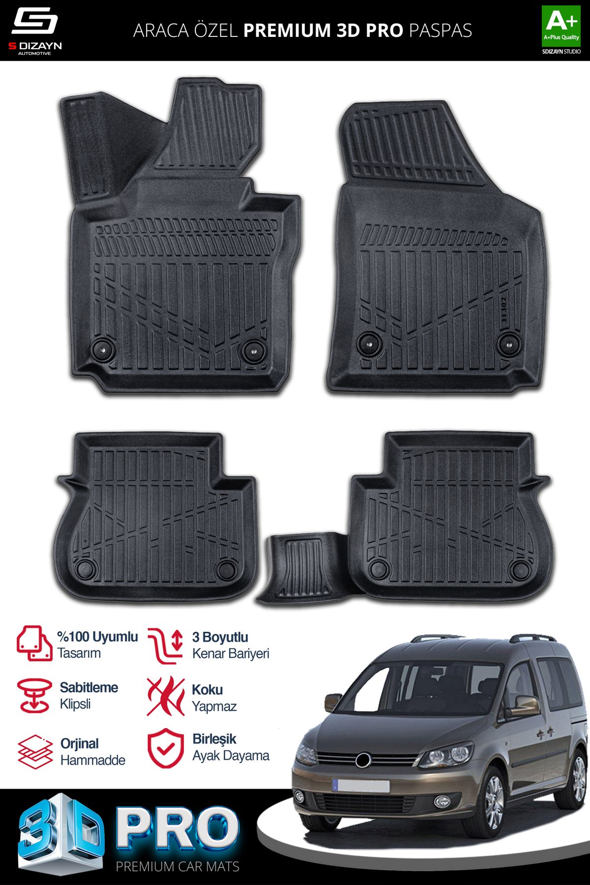 Life Tuning S-Dizayn VW Caddy 3D Pro Havuzlu Paspas 2010-2015 A+ Kalite