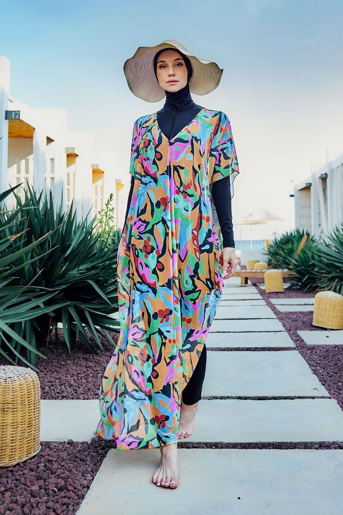 Remsa Mayo Remsa Tesettür Mayo Üzerine Desenli Tek Kaftan Pareo 430-308 Turuncu