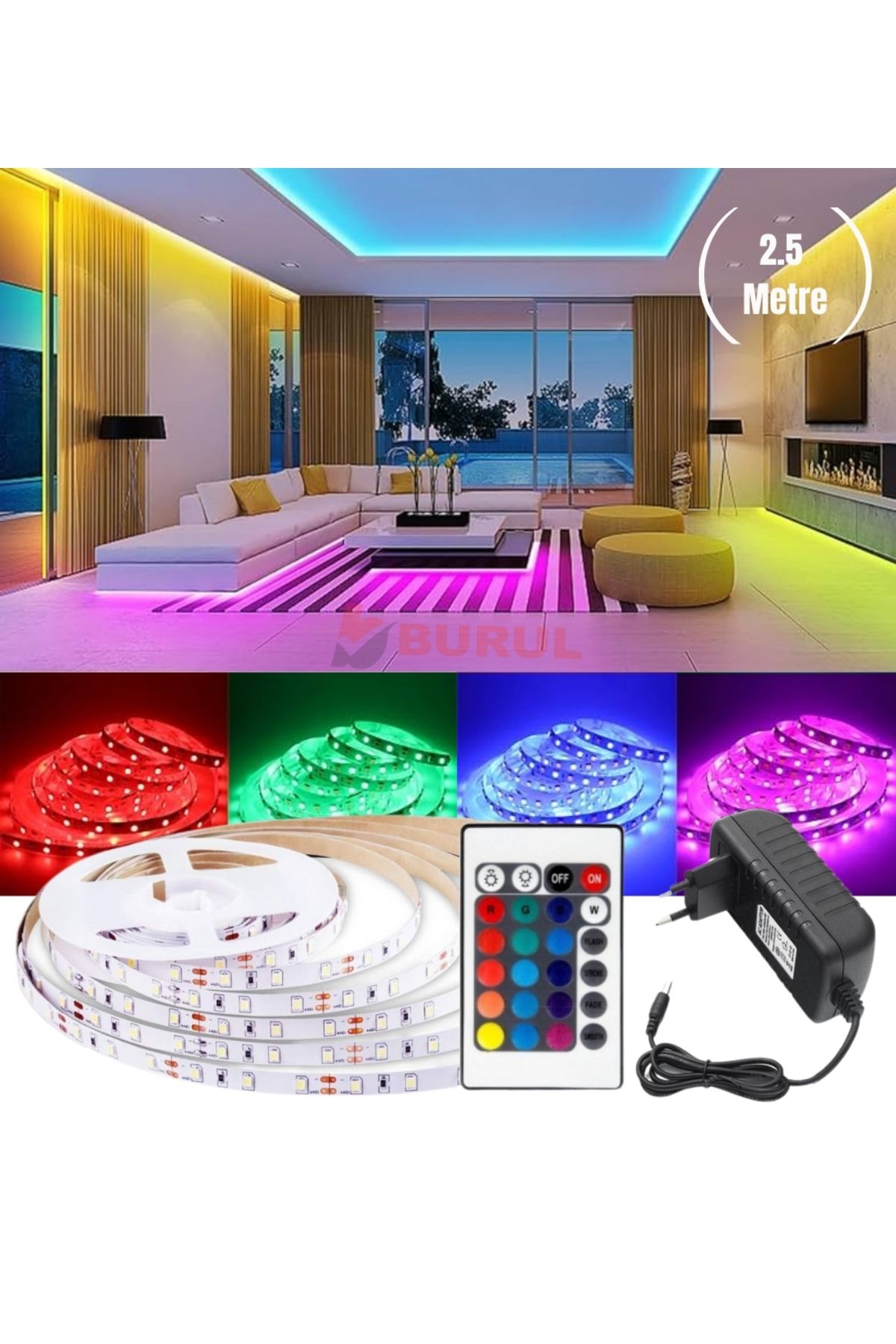 burul SB-6544 2.5 Metre 16 Renk Kumandalı Renk Değiştiren RGB Şerit Led Işık Seti