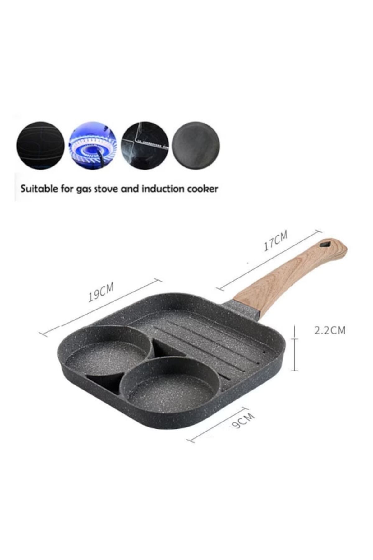HOZRO-Hozro Frying Pan, Non-Stick with 3 Compartments, Wooden Handle, 19 cm, Gray 3