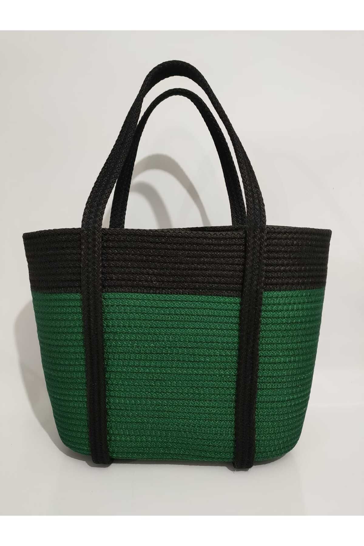 Ezo Beach, Handmade Siyah el çantası, El yapımı plaj çantası, Kadın yeşil kol çantası, Günlük çanta