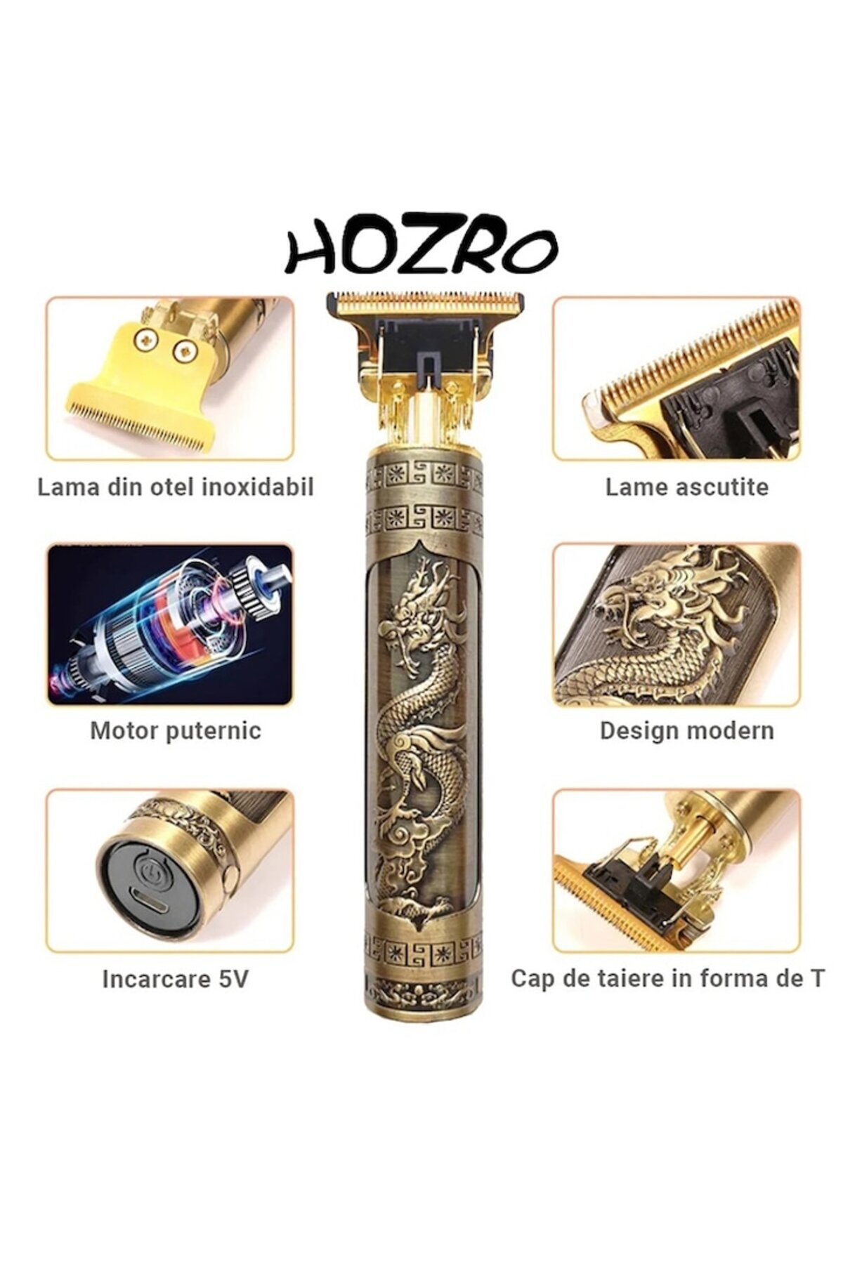HOZRO-Masina de tuns HOZRO, cu acumulator, 5W, trimmer, model dragon, 5 marimi, incarcare USB, Auriu negru 3