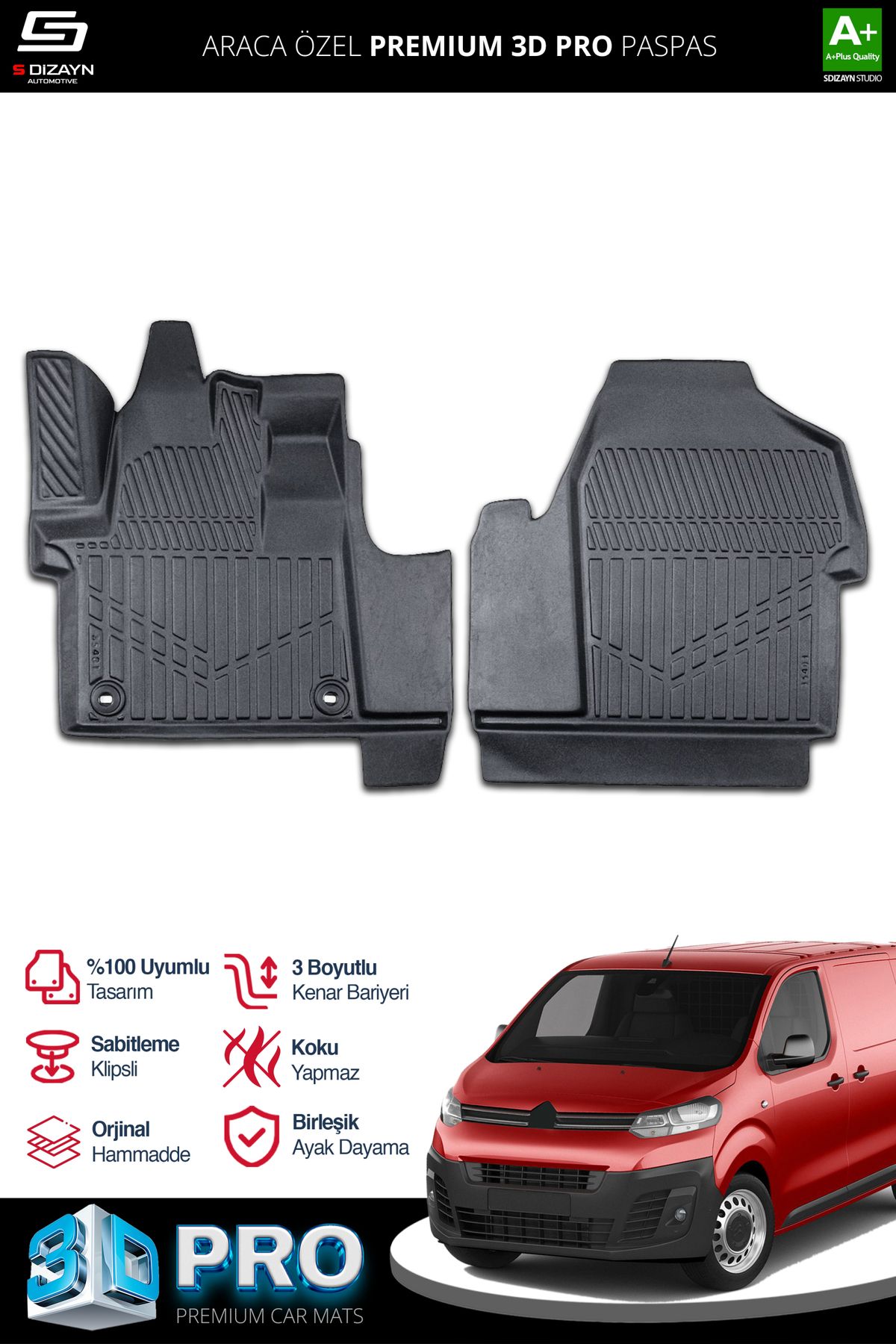 Life Tuning S-Dizayn Citroen Jumpy Panelvan 3D Pro Havuzlu Ön 2'Li Paspas 2016 Üzeri A+ Kalite