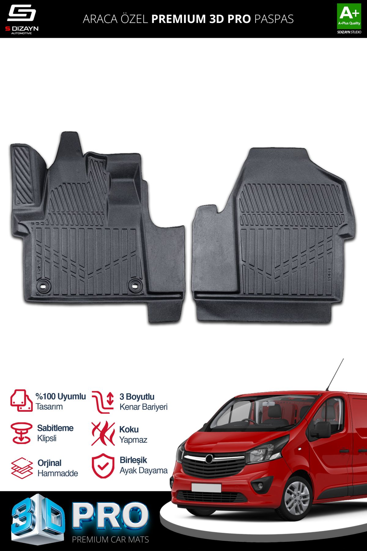 Life Tuning S-Dizayn Opel Vivaro Panelvan 3D Pro Havuzlu Paspas Ön 2'Li 2019 Üzeri A+ Kalite