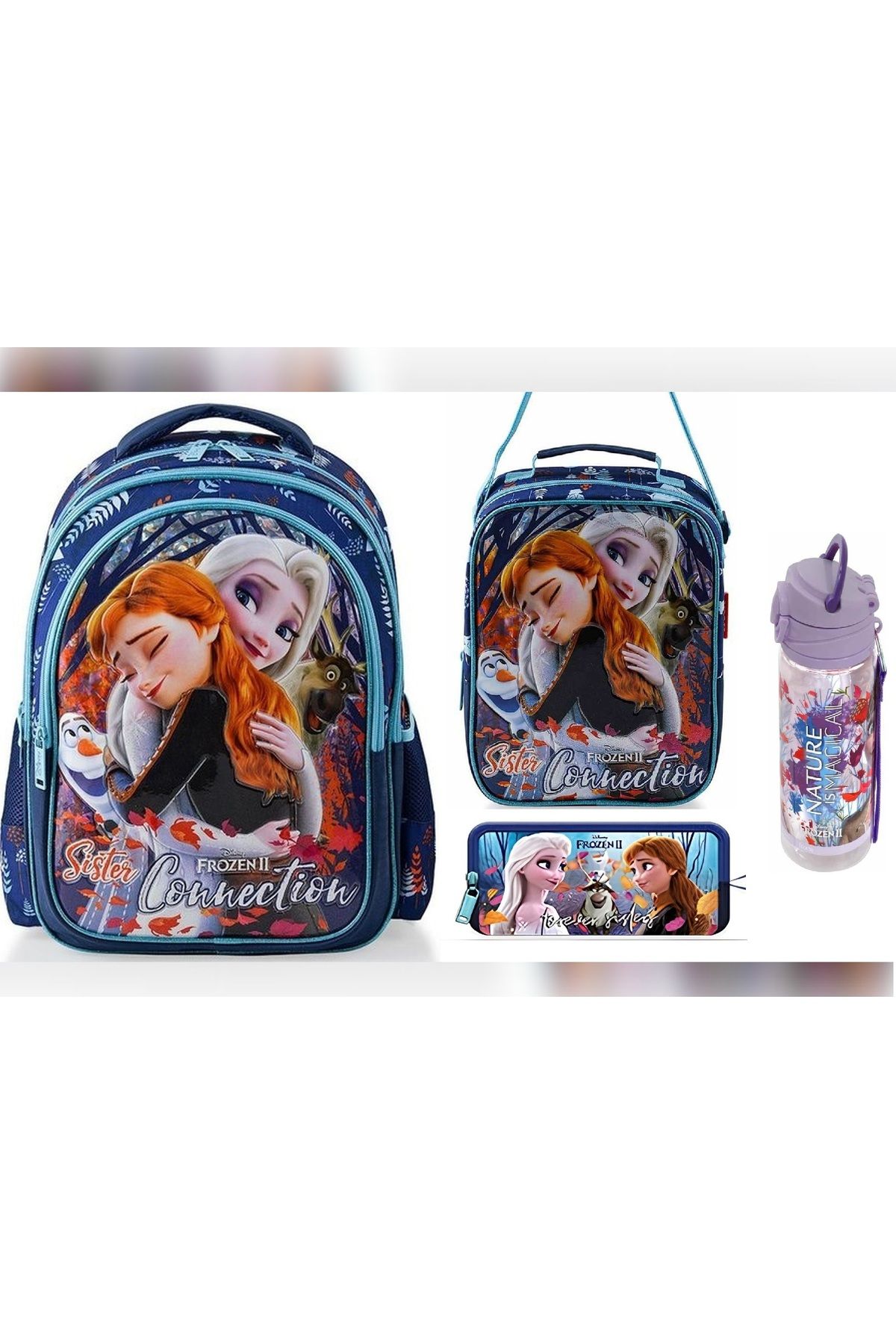 Frozen Okul Çantası - Beslenme Çantası - Kalem Kutusu Üçlü Set - Suluk & matara