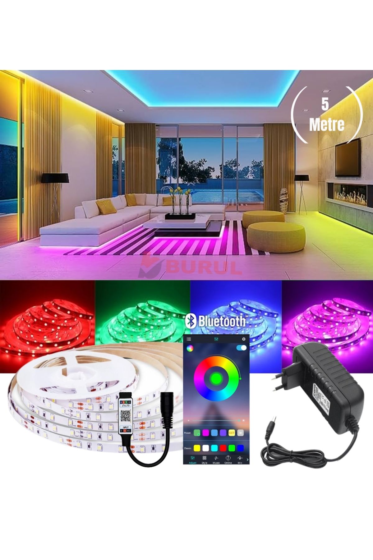 burul SB-6547 5 Metre 256 Renk Bluetooth APP Kontrol Renk Değiştiren RGB Şerit Led Işık Seti