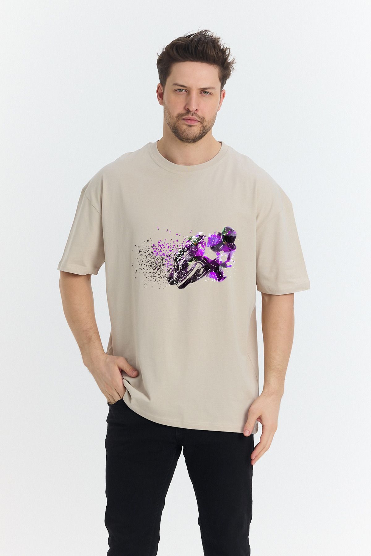 Windy Island Erkek Bisiklet Yaka Renkli Motor Baskılı Oversize T-shirt