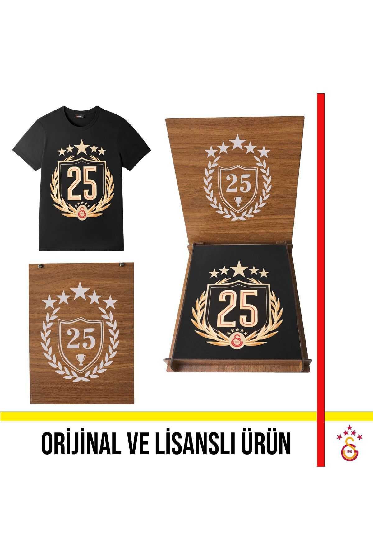 Galatasaray Lisanslı 2025 Şampiyonluk Özel T-Shirt Şampiyonluk Özel Ahşap Kutulu