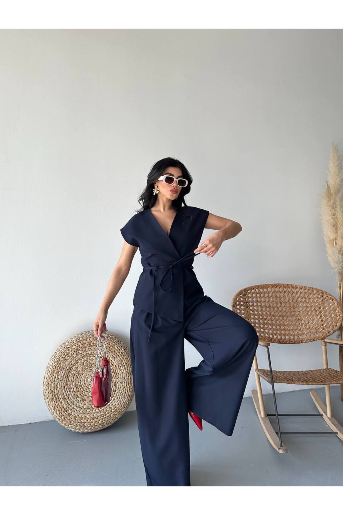 Ensemble gilet bleu marine à nouer - Görsel 3