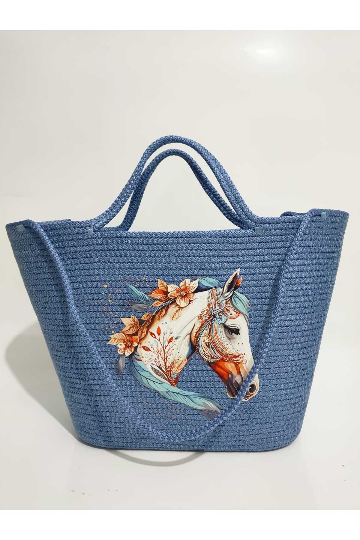 Ezo Beach Handmade Kadın Omuz Çantası, Kadın Plaj Kol Çantası, El Yapımı Mavi At Baskılı Hediyelik Çanta
