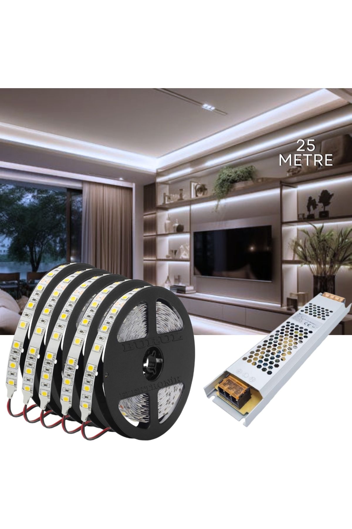 burul SB-6555 25 Metre Beyaz Led Işık Gizli Tavan Işık Bandı Aydınlatma Ev Oda Salon TV Ünite Mutfak