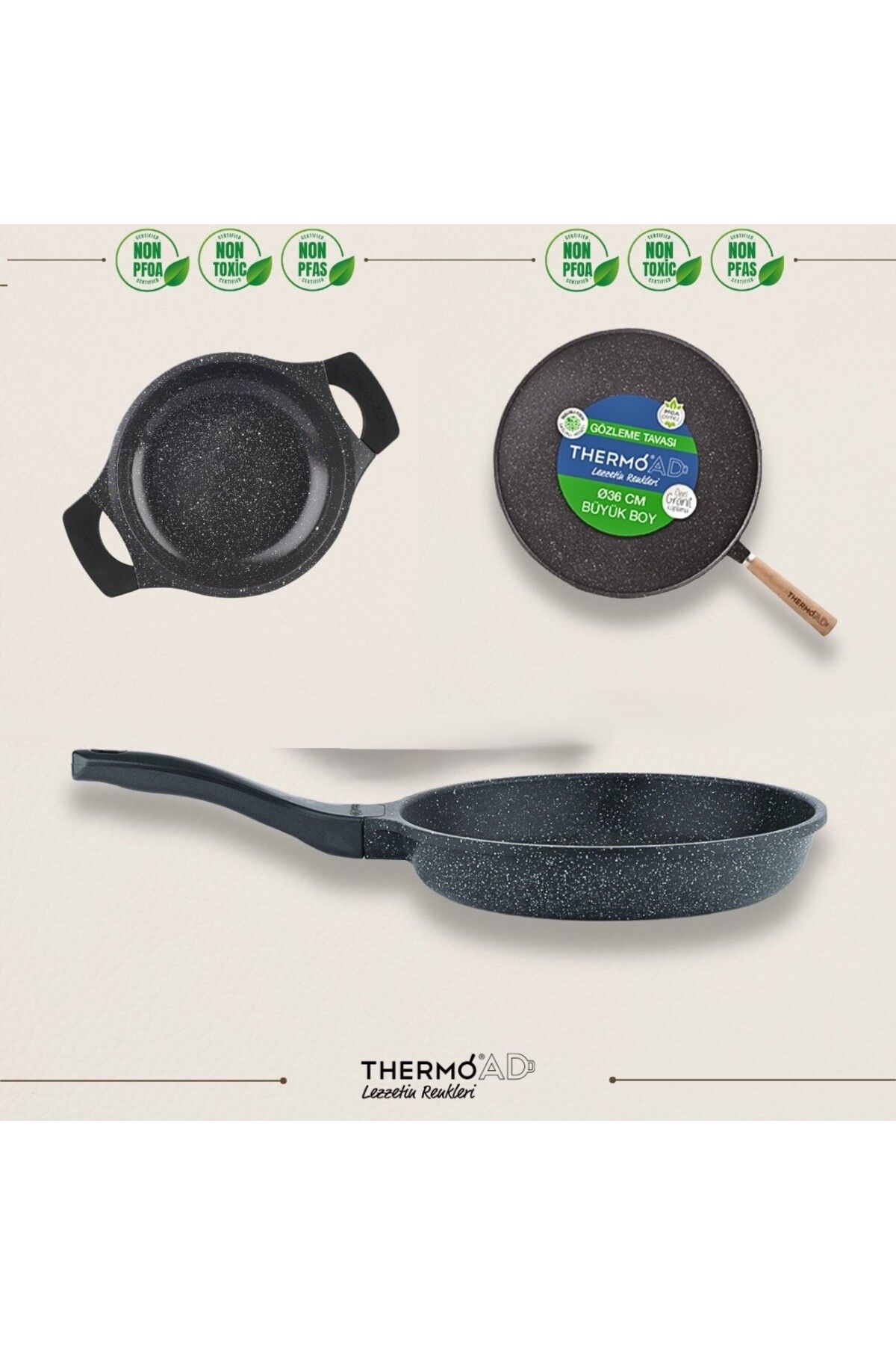 ThermoAD | 36 cm Gözleme Tava 20 cm Sahan 26 cm Tava Set | Gri