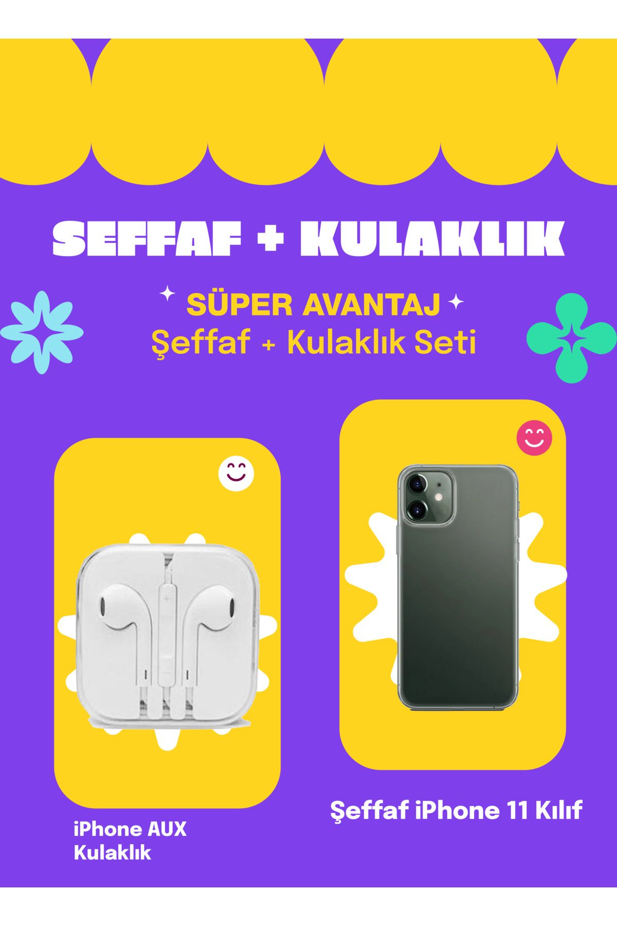 Di Aksesuar Süper Avantaj iPhone 11 Lüx Şeffaf Kılıf + iPhone AUX Kulaklık Seti