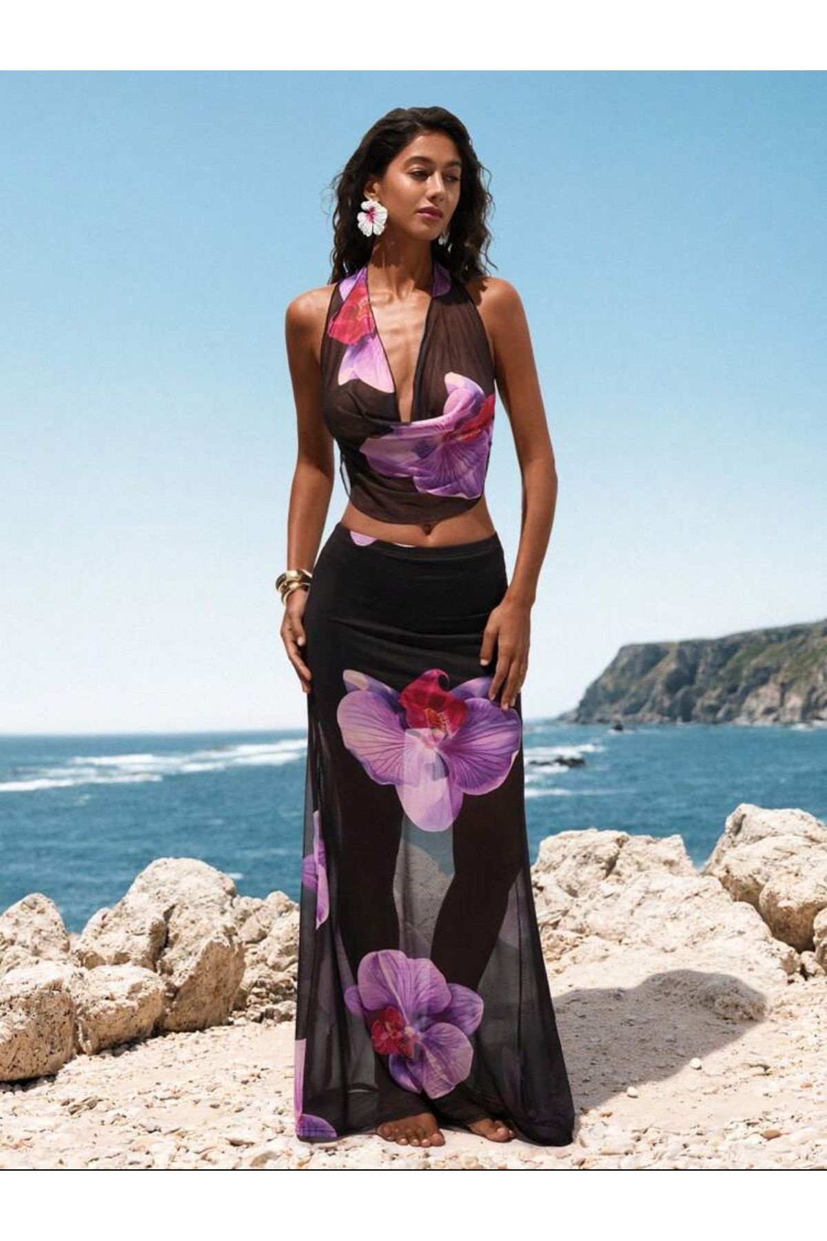 La Saade Orchid Breeze Set-Hawai Çiçek Desenli Üst Bluz ve Etek ikili Takım