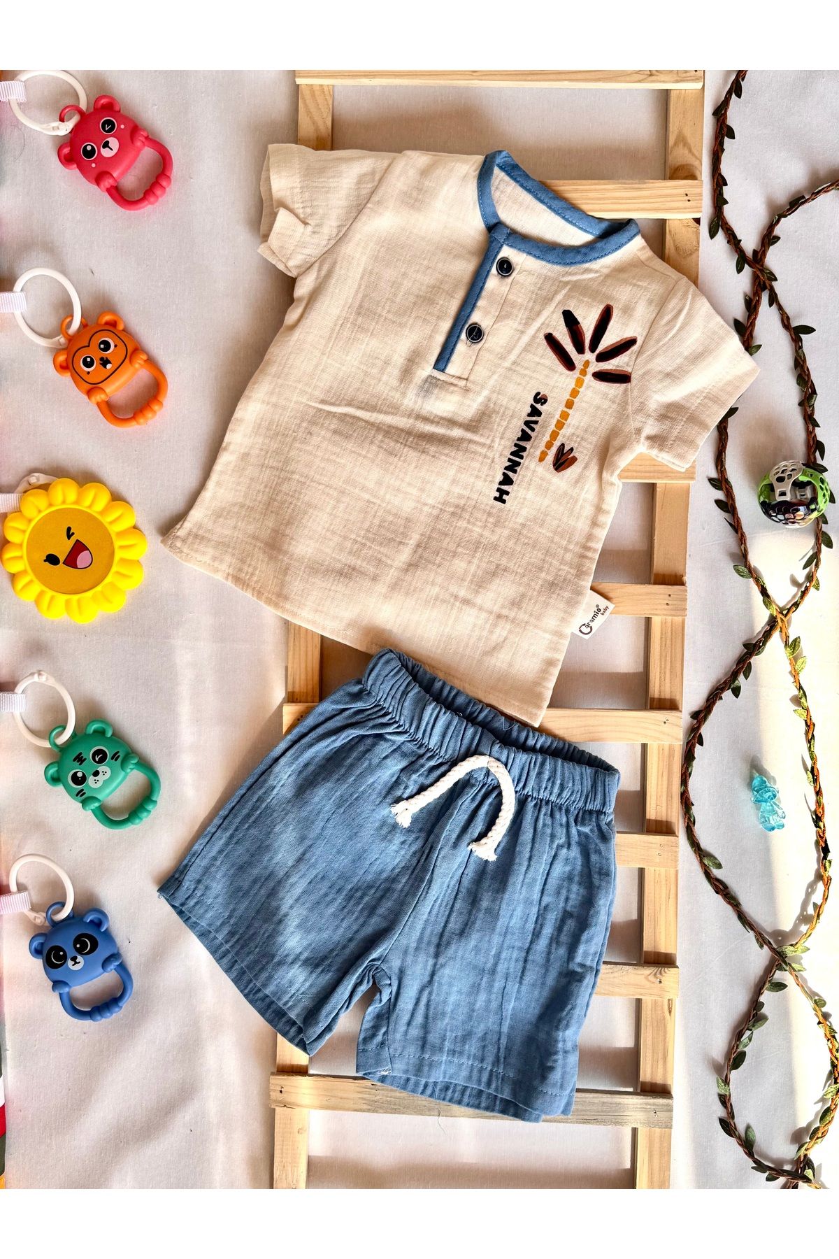 KapsülBebek %100 Organik Pamuk Müslin Bebek Yazlık Takım -Unisex – Palmiye Baskılı Tişört & Şort 2’li Set