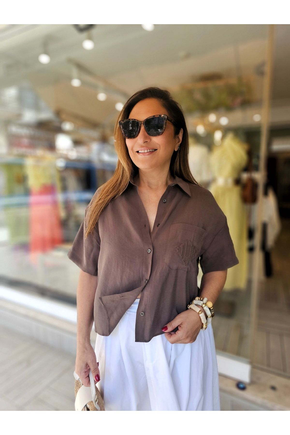 CsChicShop Kısa Kollu Cep İşleme Detaylı Pamuk Modal Gömlek