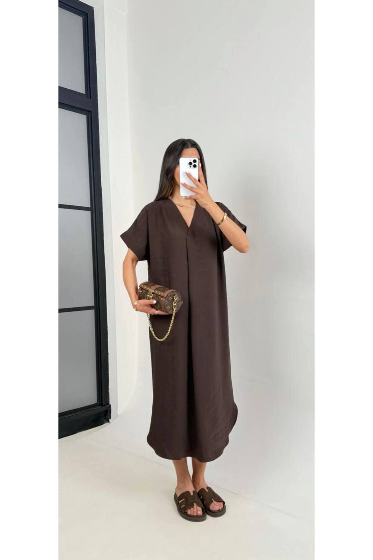 manana fashion V YAKA PREMİUM KUMAŞ TREND KISA KOL MİDİ GÜNLÜK ELBİSE