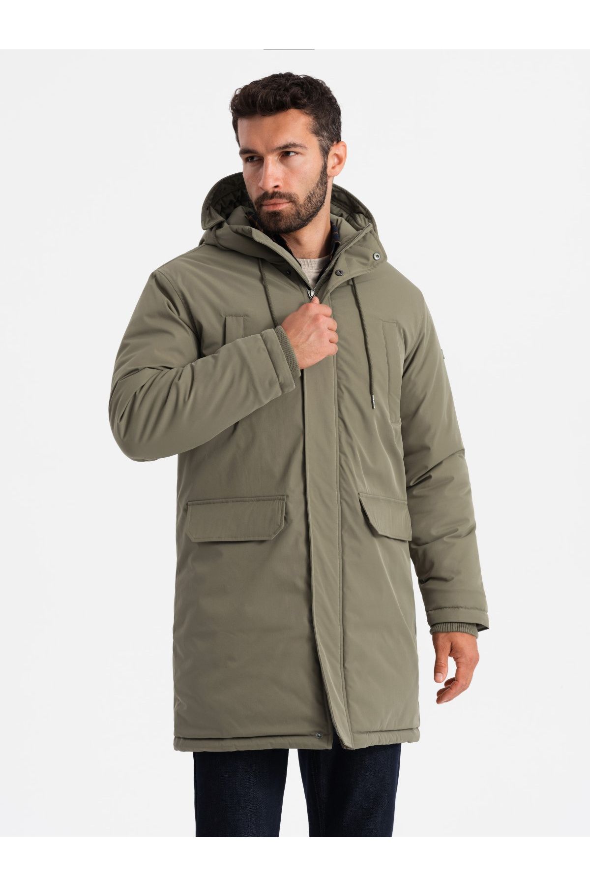 OMBRE-Klassische lange Herrenparkajacke - oliv V3 OM-JALJ-0166 L 5