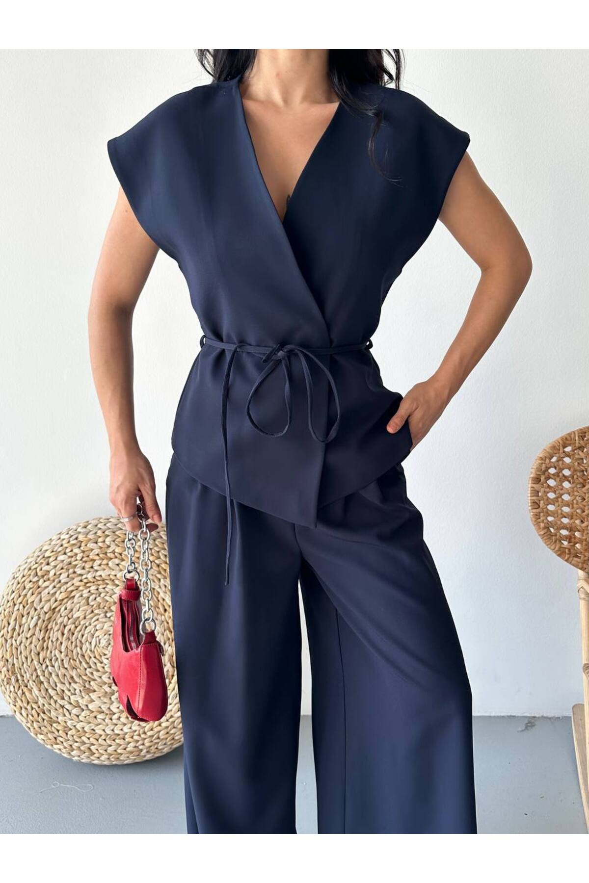 Ensemble gilet bleu marine à nouer - Görsel 7