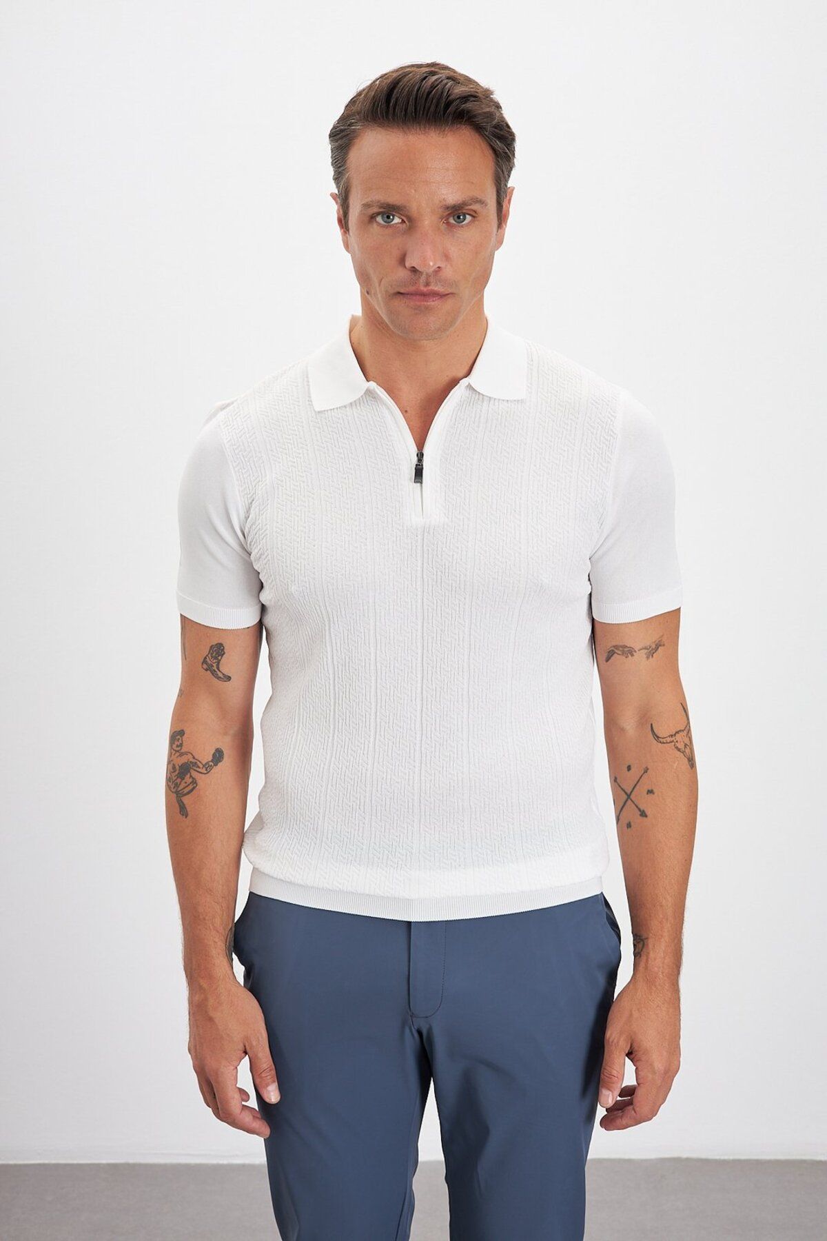 Paşahan Desenli Fermuarlı Polo Yaka Triko Erkek T-shirt