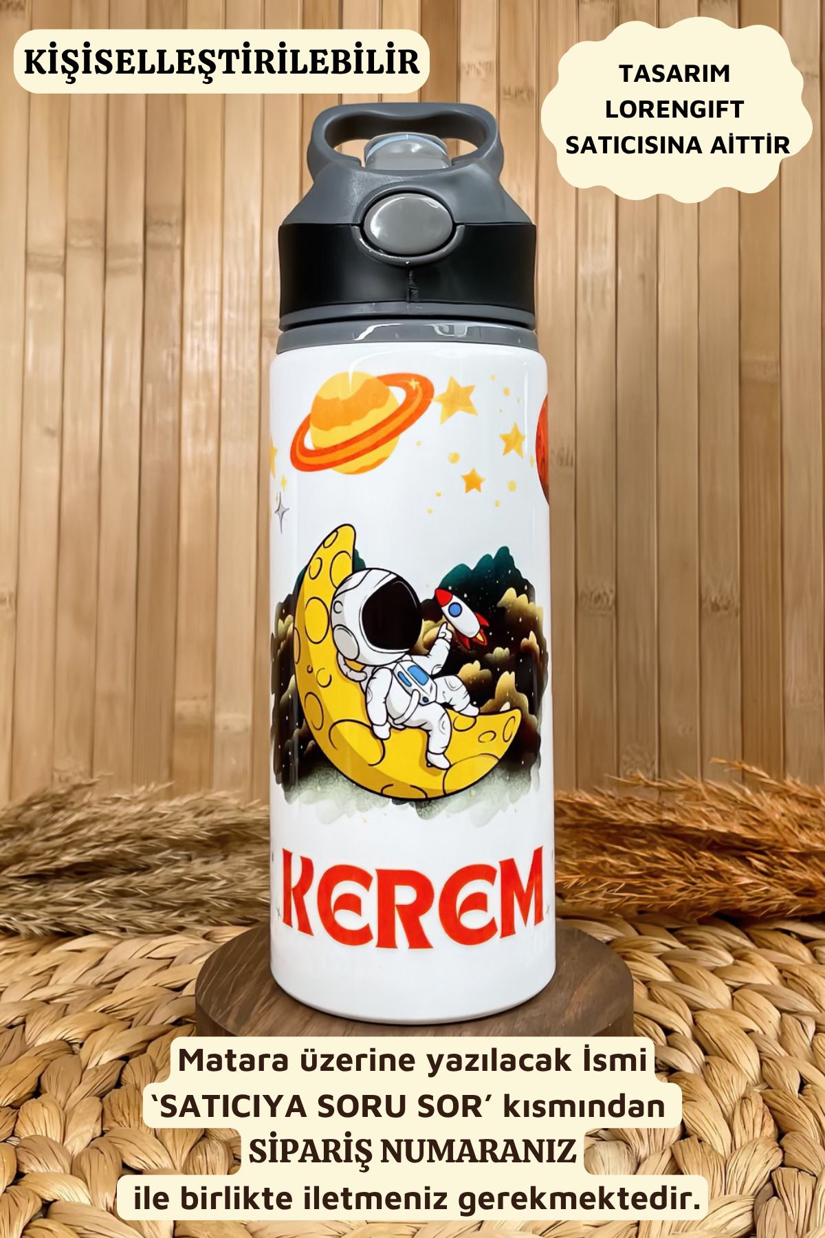 LorenGift Kişiye Özel İsimli Uzay Astronot Gezegen Çocuk Pipetli Suluk Matara 650 ml