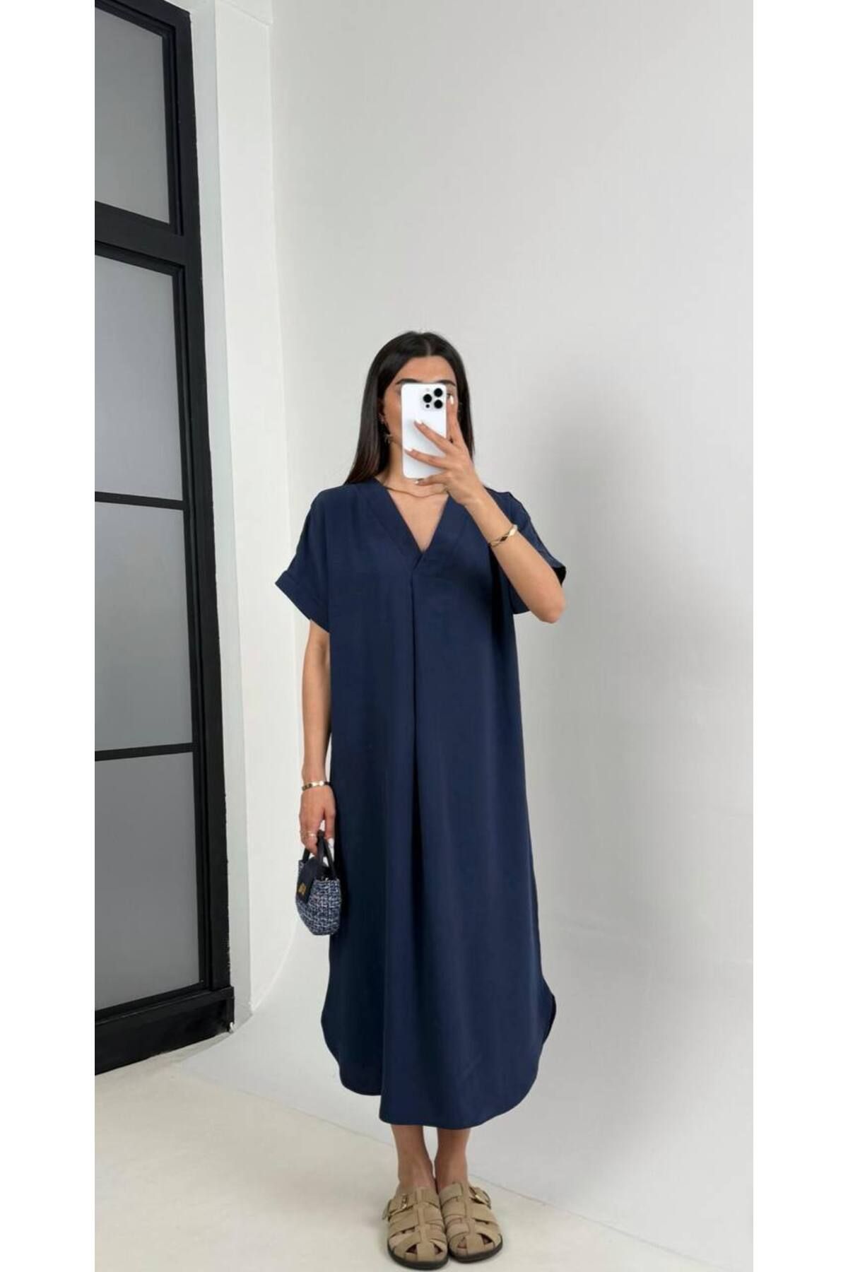 manana fashion V YAKA PREMİUM KUMAŞ TREND KISA KOL MİDİ GÜNLÜK ELBİSE