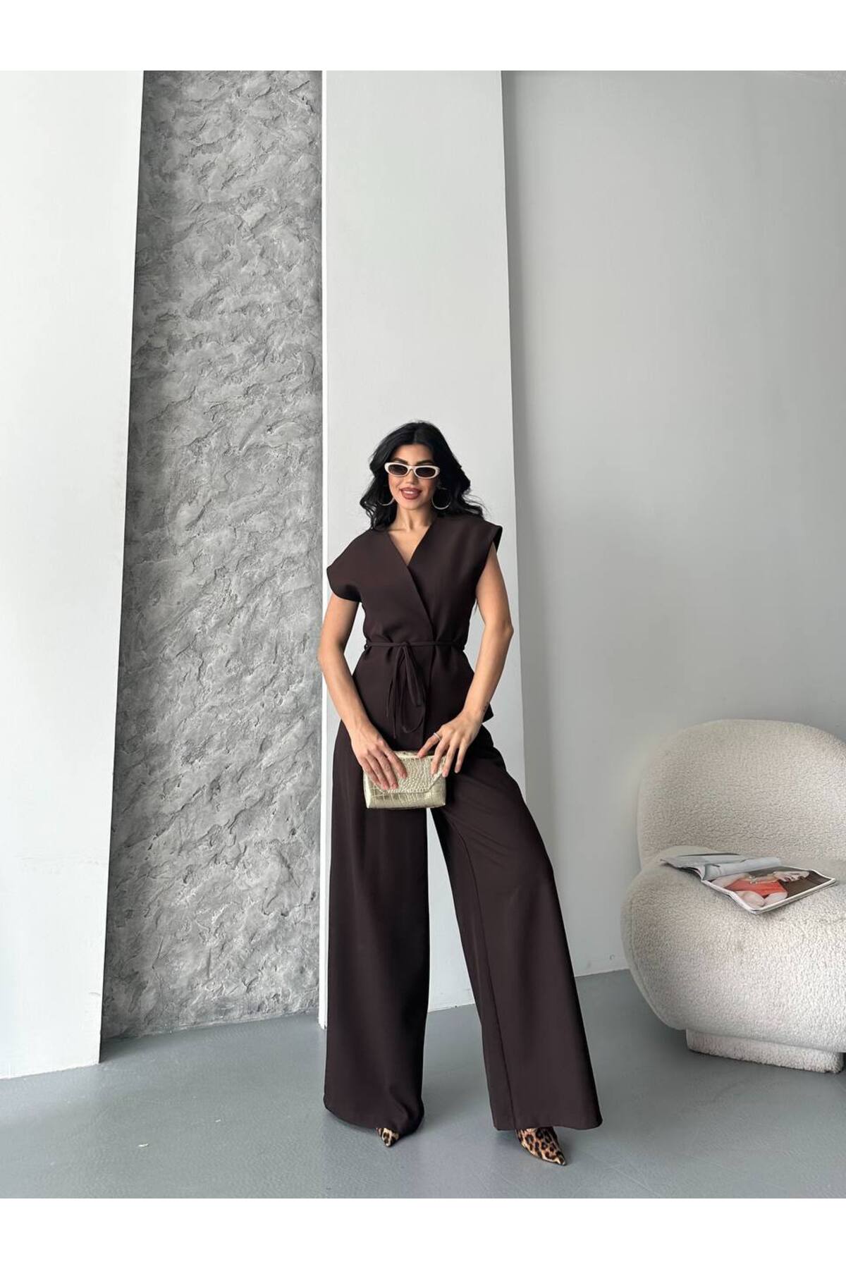 Ensemble gilet à nouer pour femme marron - Görsel 4
