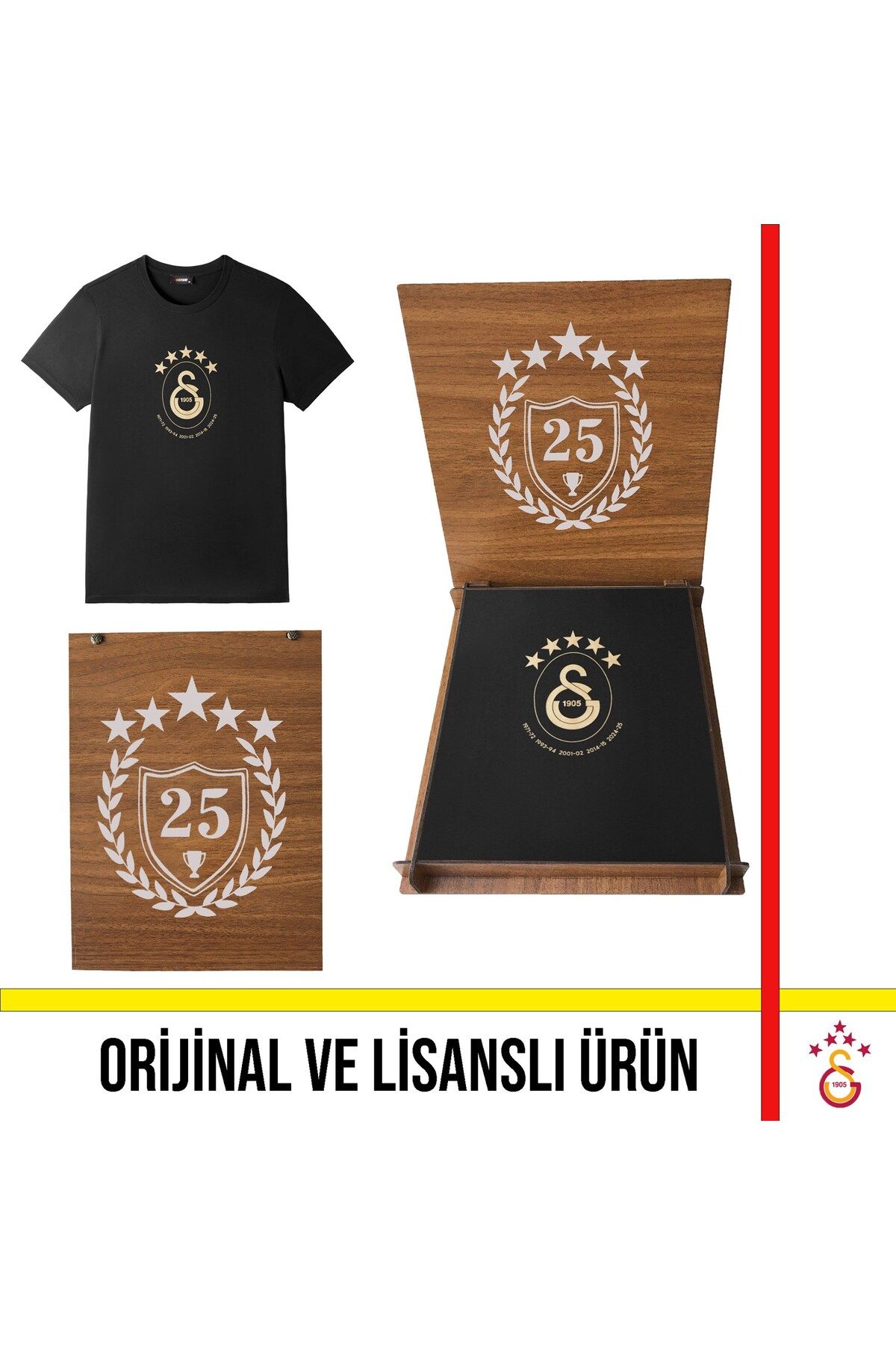 Galatasaray Lisanslı 2025 Logolu Şampiyonluk Siyah T-Shirt Şampiyonluk Özel Ahşap Kutulu