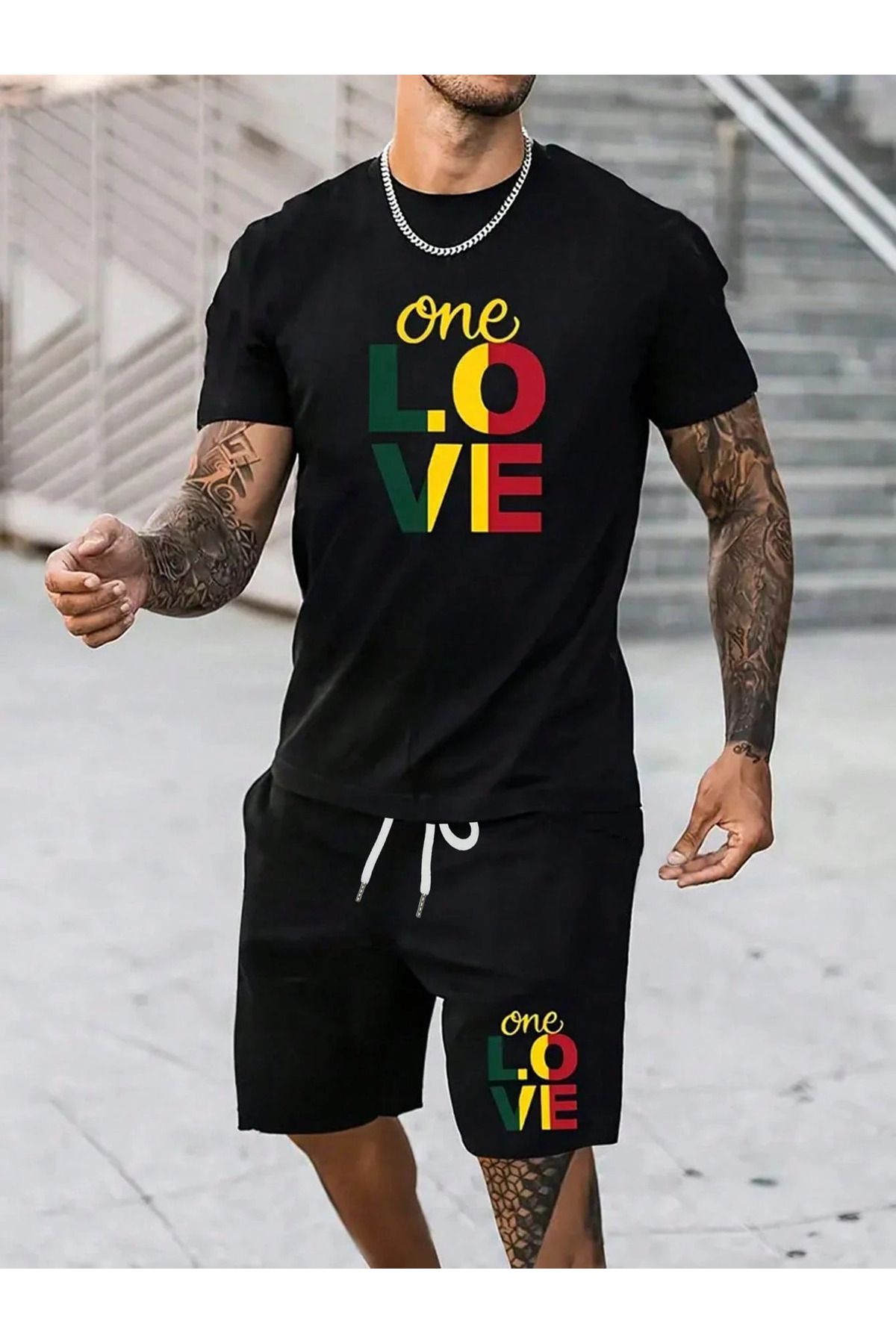 LOU MODA -ERKEK PAMUKLU BASKILI one LO VE TSHIRT-ŞORT TAKIMI 2Lİ OVERSİZE BÜYÜK BEDEN