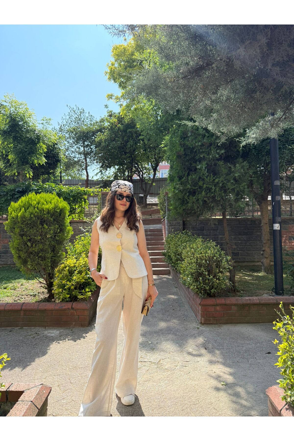 MODA Keten Altın Düğmeli Yelek Pantolon Takım