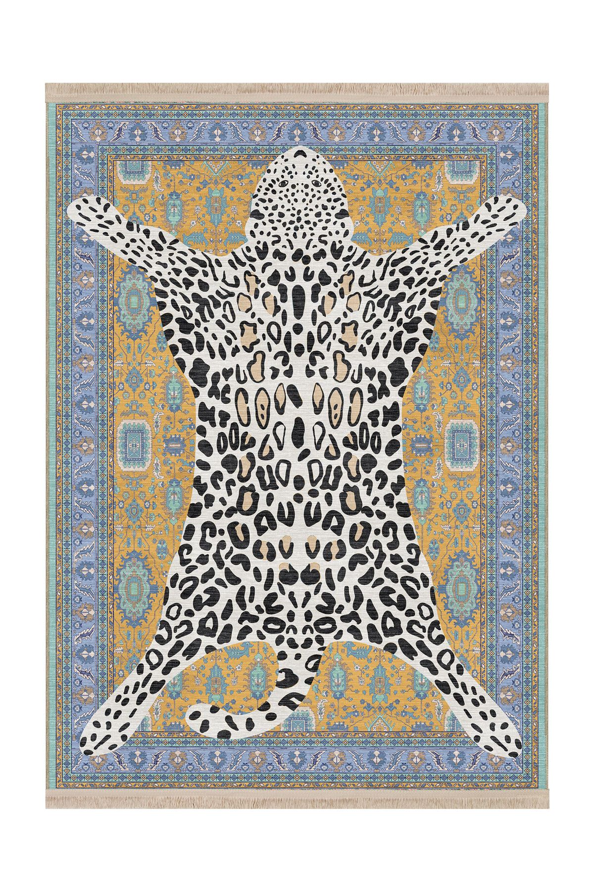 Rugs Modern Halı Mottos Koleksiyonu Mavi Sarı Desenli Leopar Detaylı Dokuma Taban Dekoratif Halı mottos05