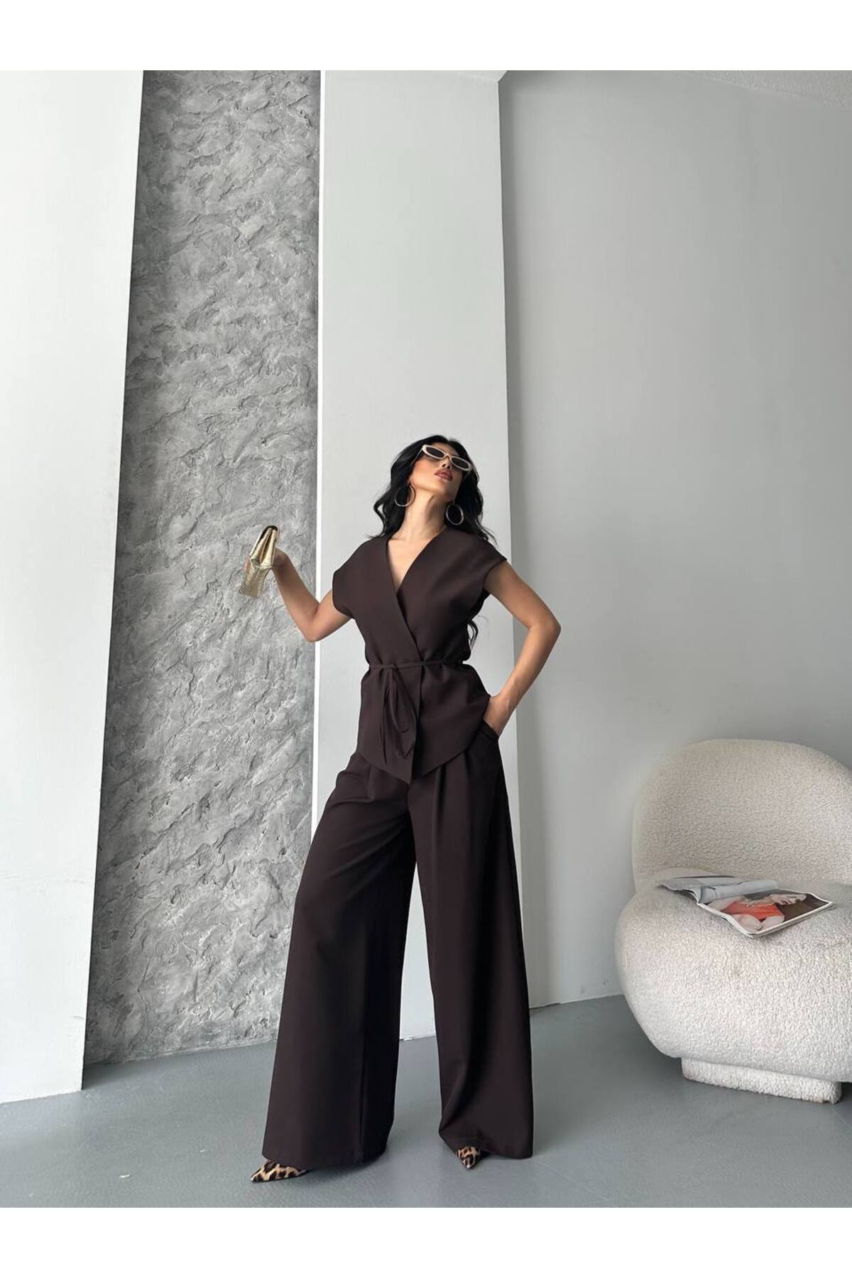 Ensemble gilet à nouer pour femme marron - Görsel 5